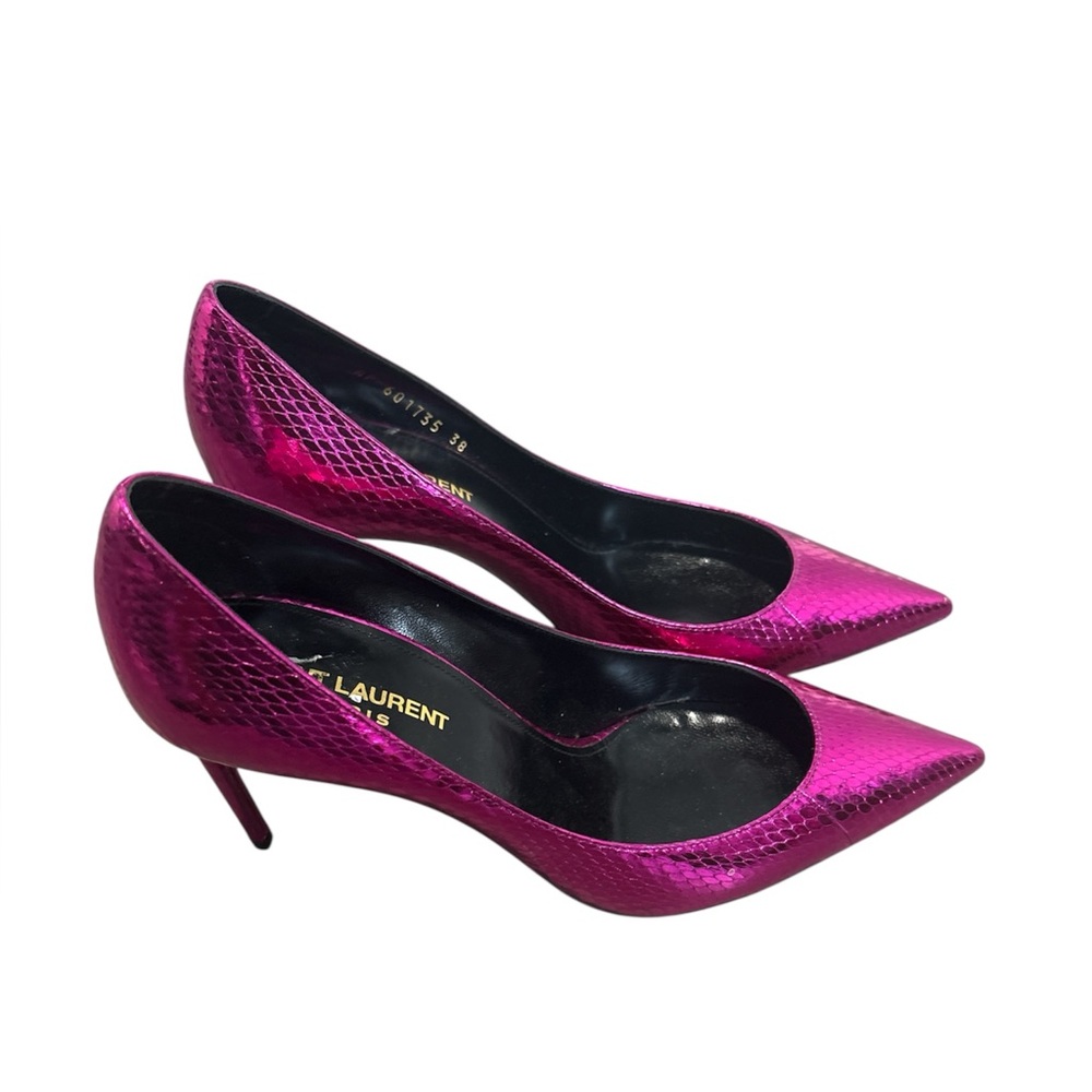 SAINT LAURENT Metallic Magenta Snakeskin ZOE 105 Heels Pumps 38. Retailed $1095